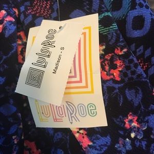 Jupe LuLaRoe Madison Medium - Rayures Bleues Et Roses à Motifs Circulaires - Occasion Très Bon état
